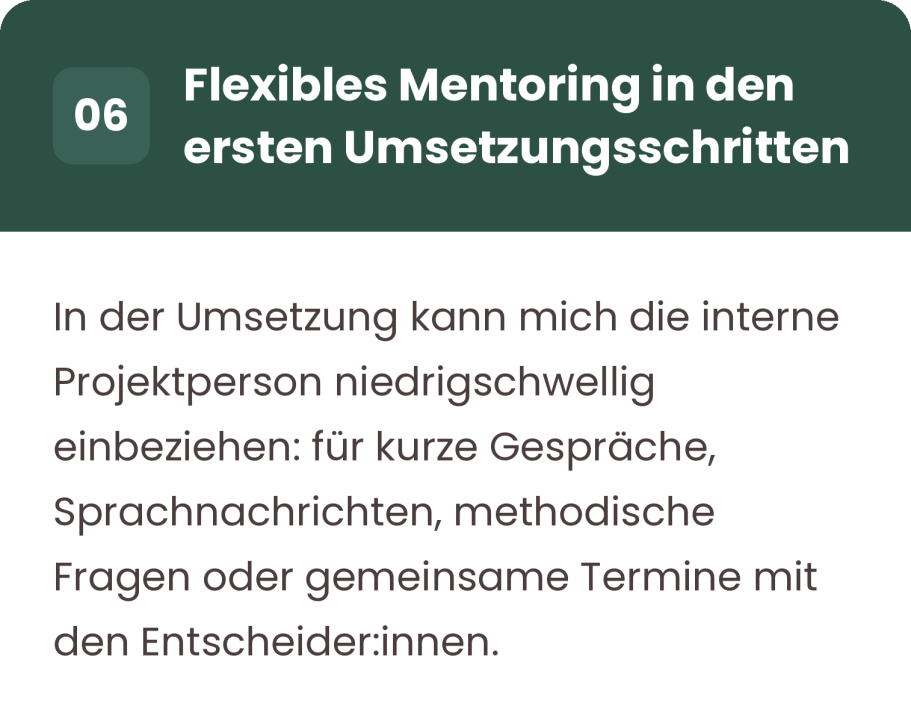 6. Flexibles Mentoring in den ersten Umsetzungsschritten
In der Umsetzung kann mich die interne Projektperson niedrigschwellig einbeziehen: