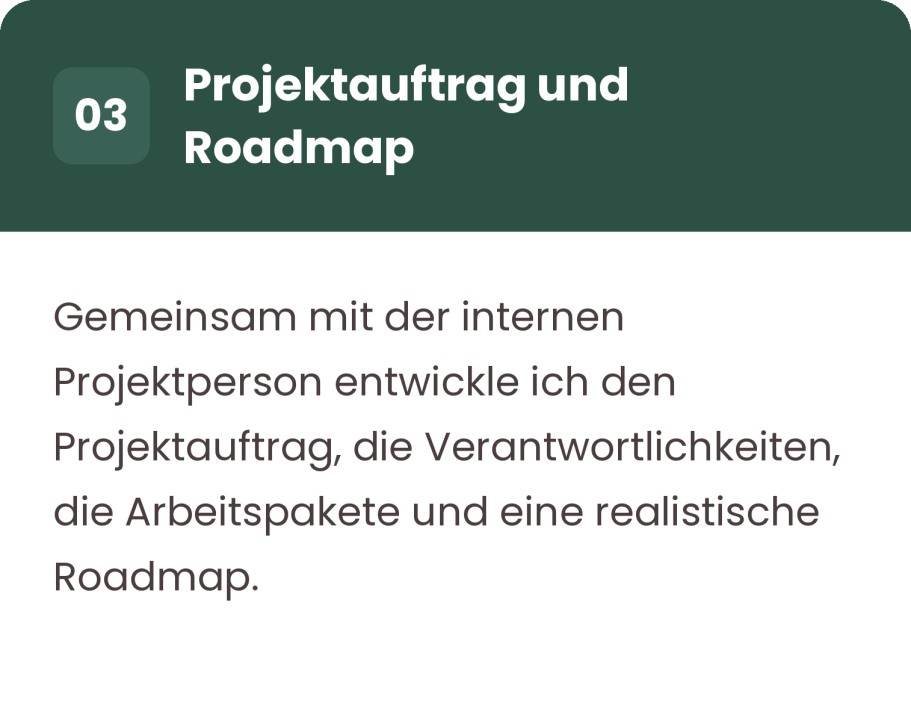 3. Projektauftrag und Roadmap
Gemeinsam mit der internen Projektperson entwickle ich den Projektauftrag,